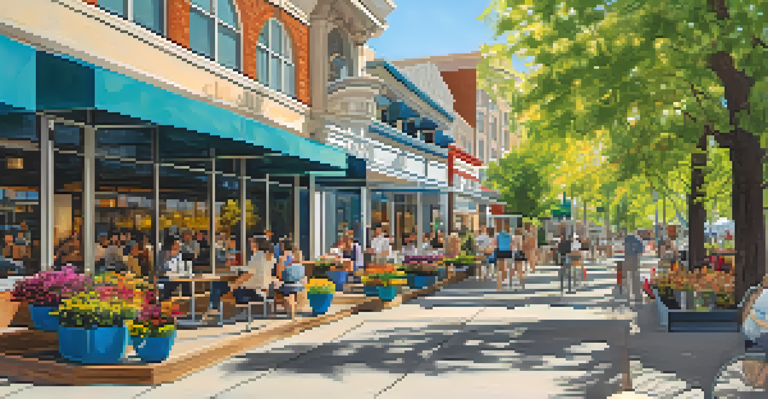 A lively downtown Reno street scene featuring luxury condos and outdoor cafes filled with people.