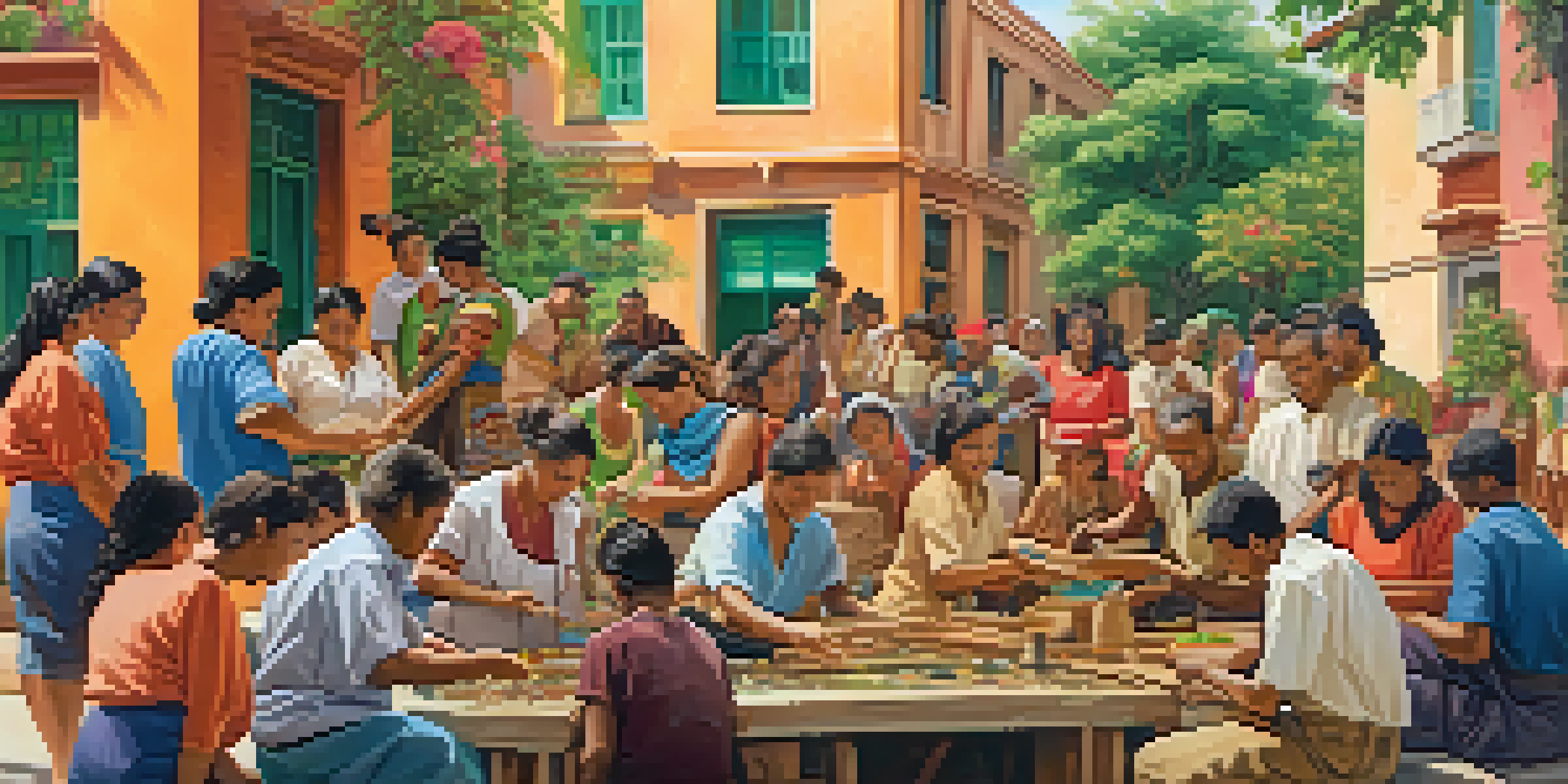 A colorful mural showing diverse community members working on traditional crafts in an urban setting, illuminated by warm sunlight.