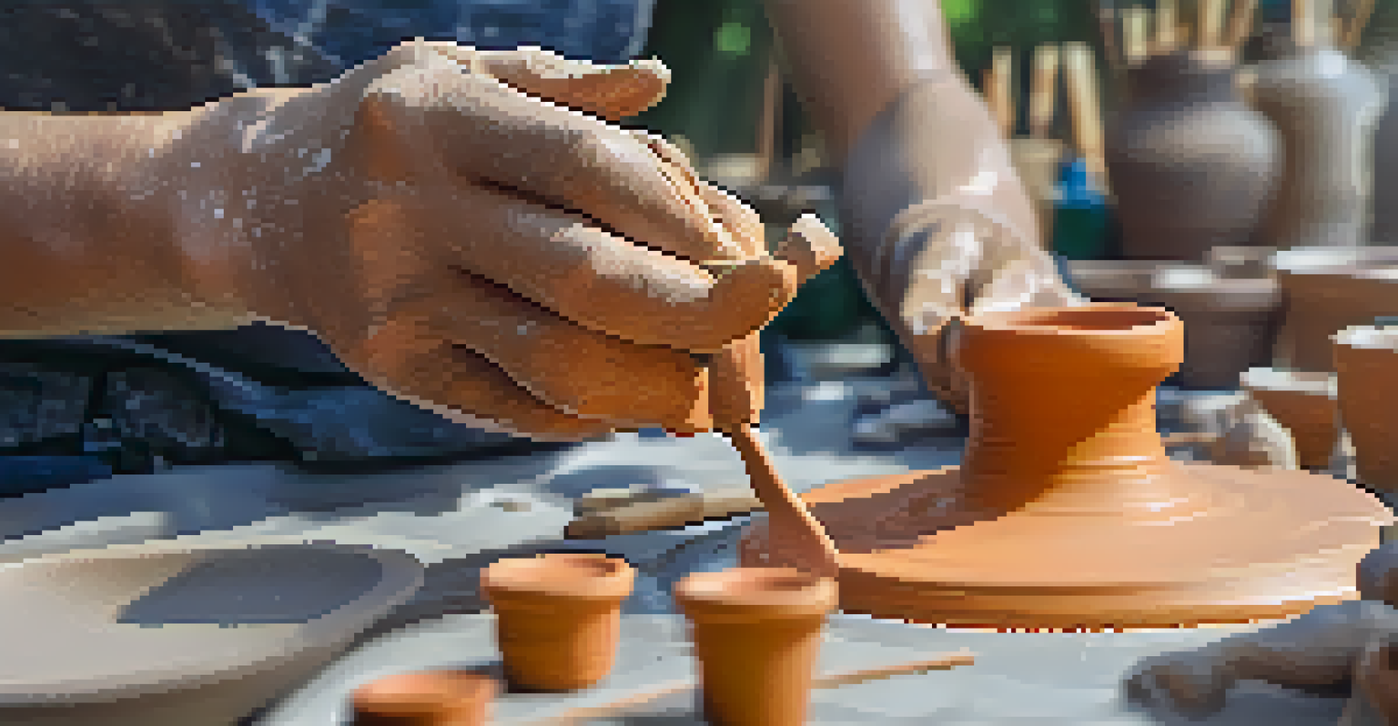 An artist's hands molding clay at a pottery workshop, with colorful pottery pieces on the table and participants in the background.