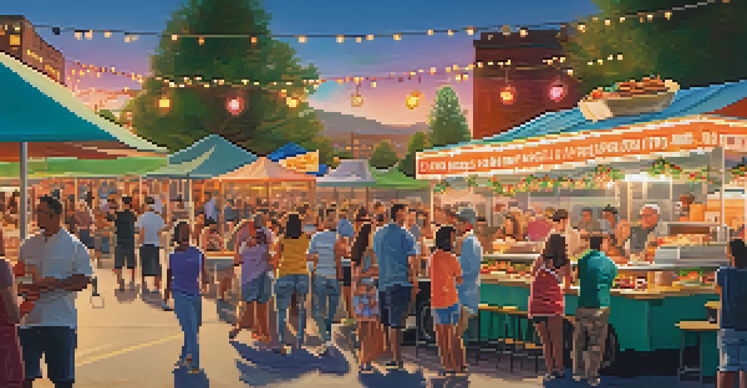 A vibrant food festival in Reno featuring diverse food trucks, with happy people enjoying their meals under colorful decorations and string lights at sunset.
