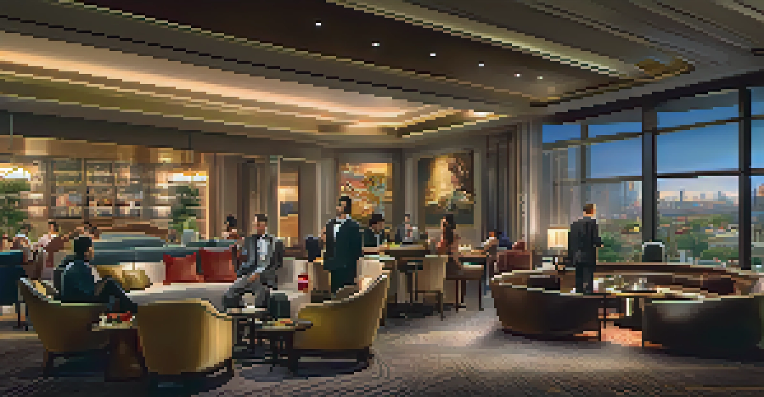 A cozy lounge area in a modern Reno casino with plush seating, warm lighting, and a view of the street, showcasing a group of friends enjoying drinks.