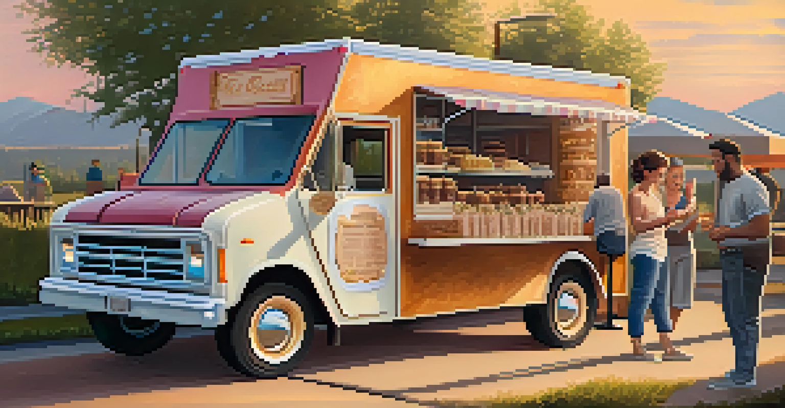 A dessert food truck at sunset, featuring ice cream sandwiches and brownies, with customers lined up to order in a cozy atmosphere.