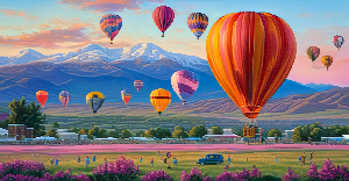 A colorful scene of hot air balloons rising in the early morning sky with mountains in the background and people enjoying the festival on the ground.