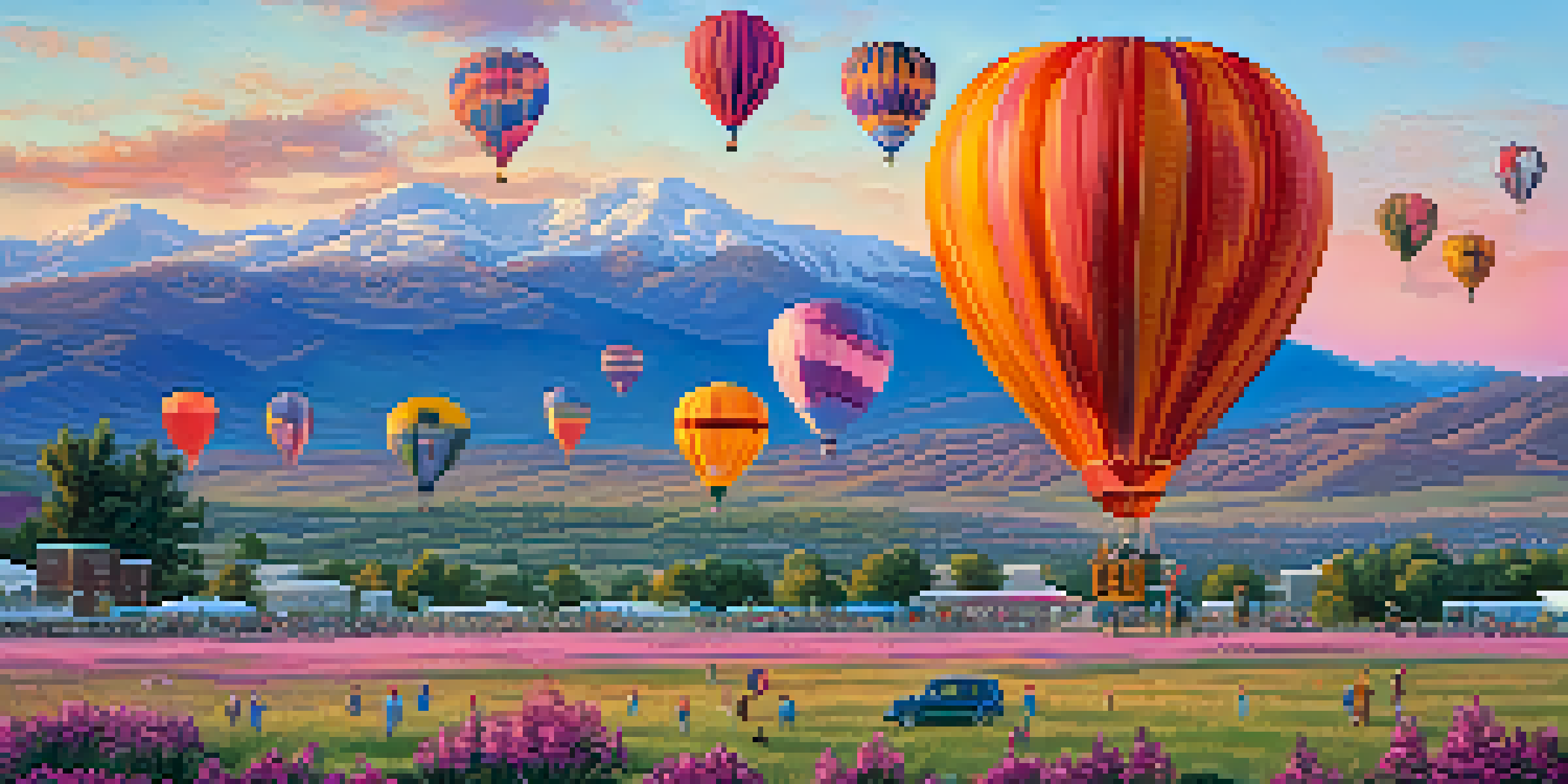 A colorful scene of hot air balloons rising in the early morning sky with mountains in the background and people enjoying the festival on the ground.