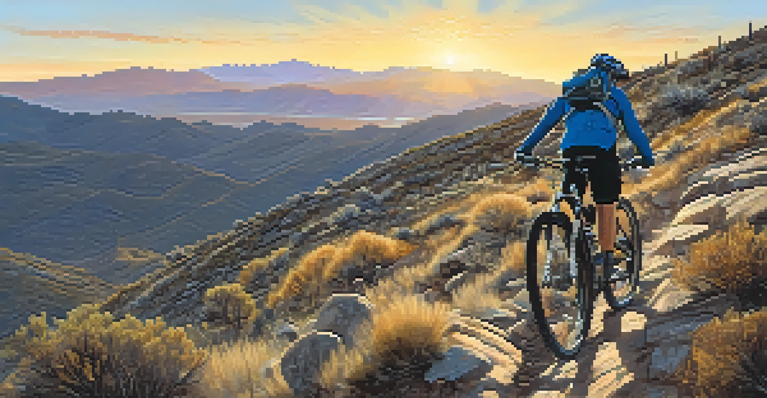 An advanced mountain biker tackling a steep rocky trail with scenic mountain views during sunset.