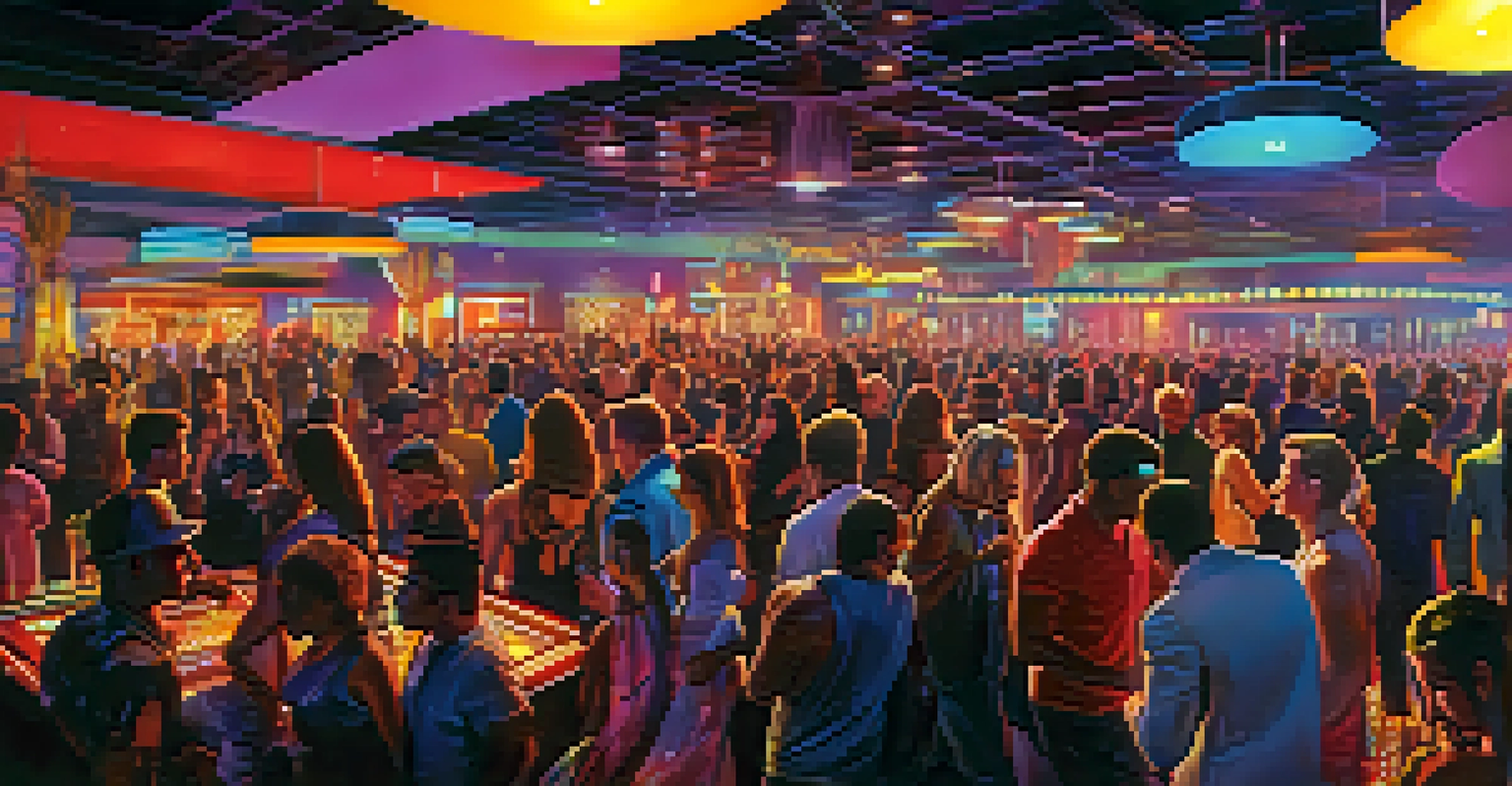 A lively nightclub in a Reno casino with people dancing and colorful lights.