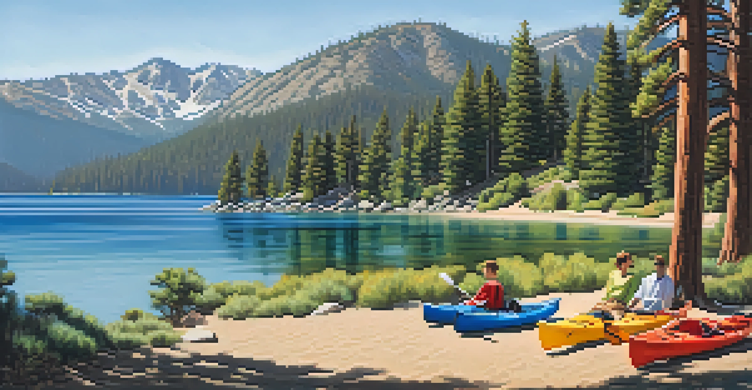A peaceful view of Lake Tahoe with clear waters, pine trees, and a couple having a picnic in the foreground.