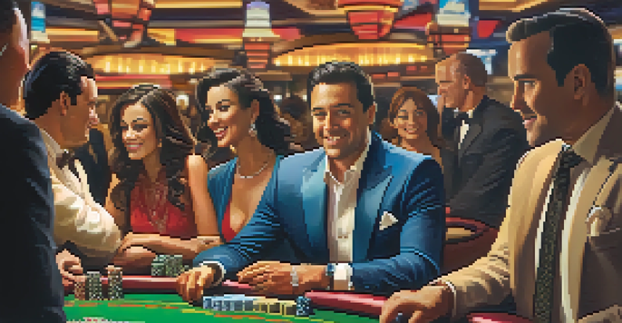 A diverse group of people enjoying a game of blackjack at a casino table, with colorful chips and cards, creating a lively and social atmosphere.