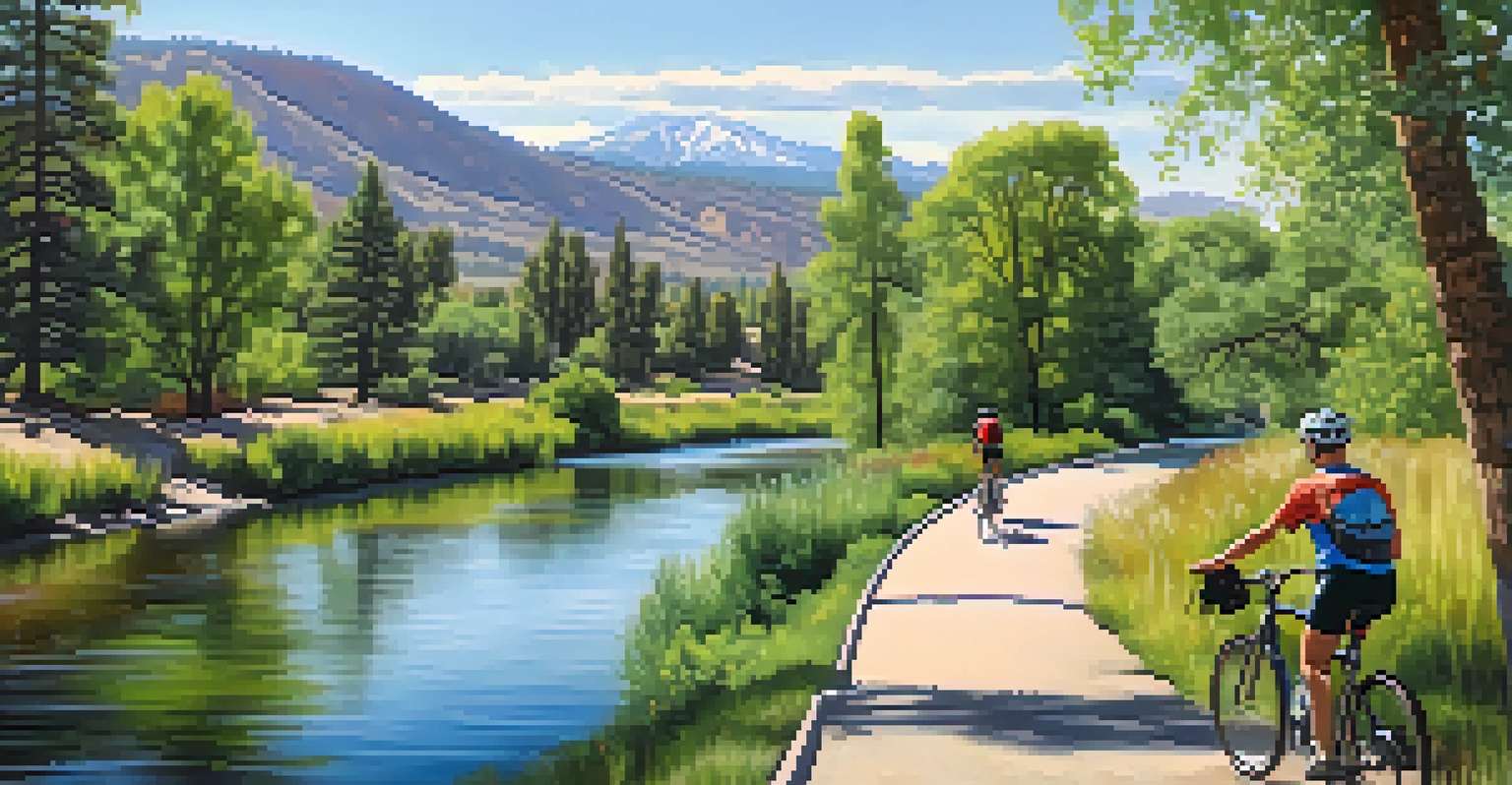A peaceful Truckee River scene with cyclists on a bike path, surrounded by greenery and mountains.