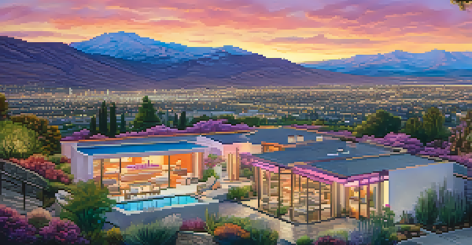 A scenic sunset view of luxury homes in Reno with mountains in the background and vibrant sky colors.