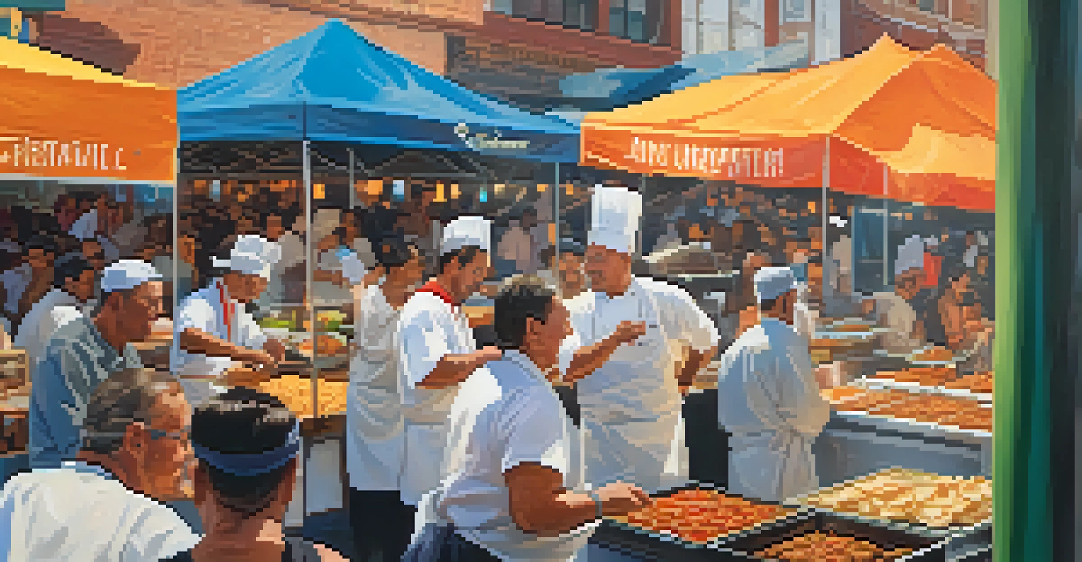 An array of colorful food stalls at Reno Street Food Festival, featuring chefs and food lovers engaging in a lively culinary atmosphere.