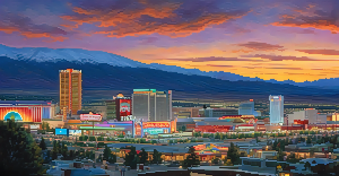 A scenic view of Reno with illuminated casino resorts and a sunset over the Sierra Nevada mountains.