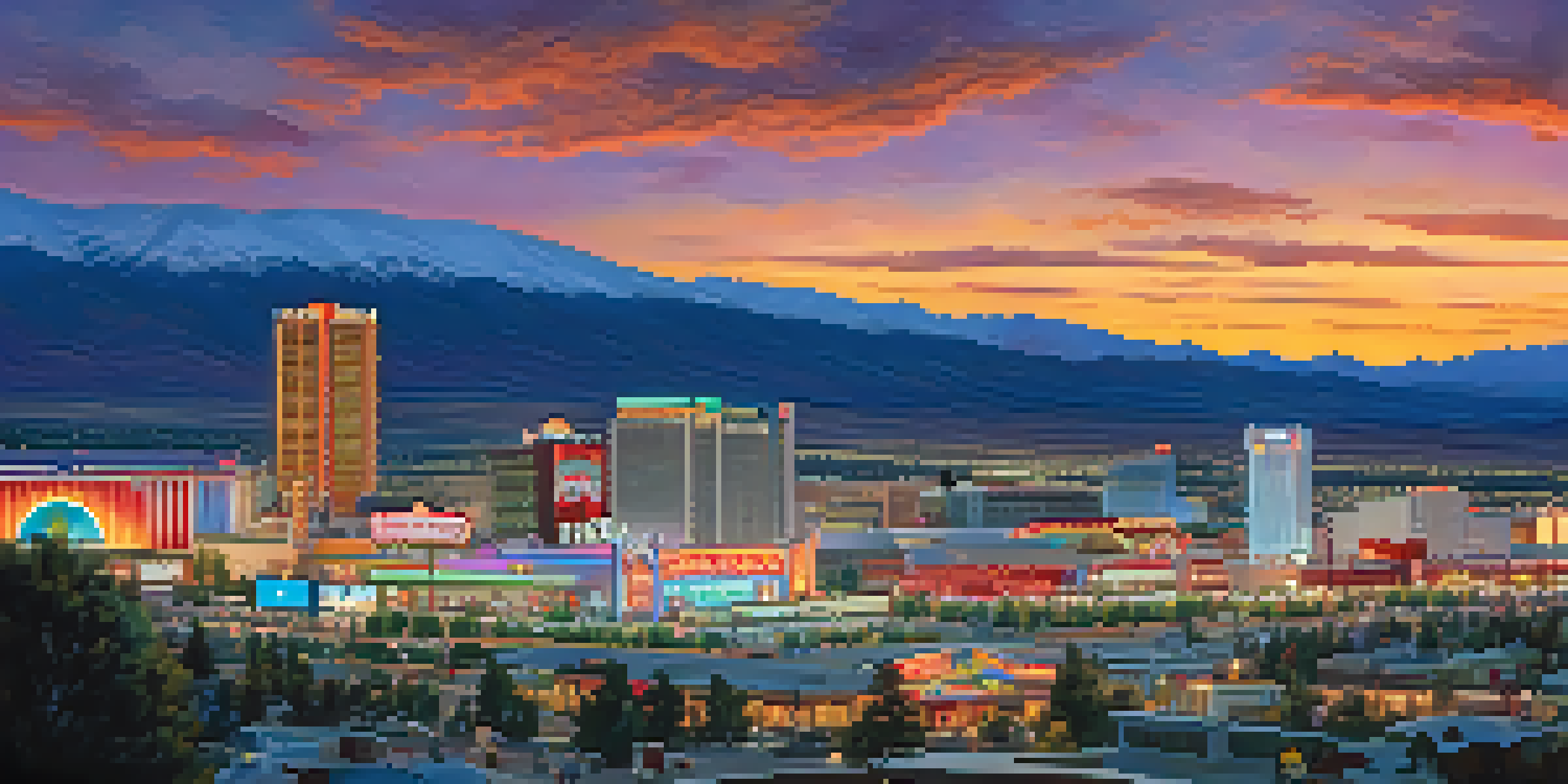 A scenic view of Reno with illuminated casino resorts and a sunset over the Sierra Nevada mountains.
