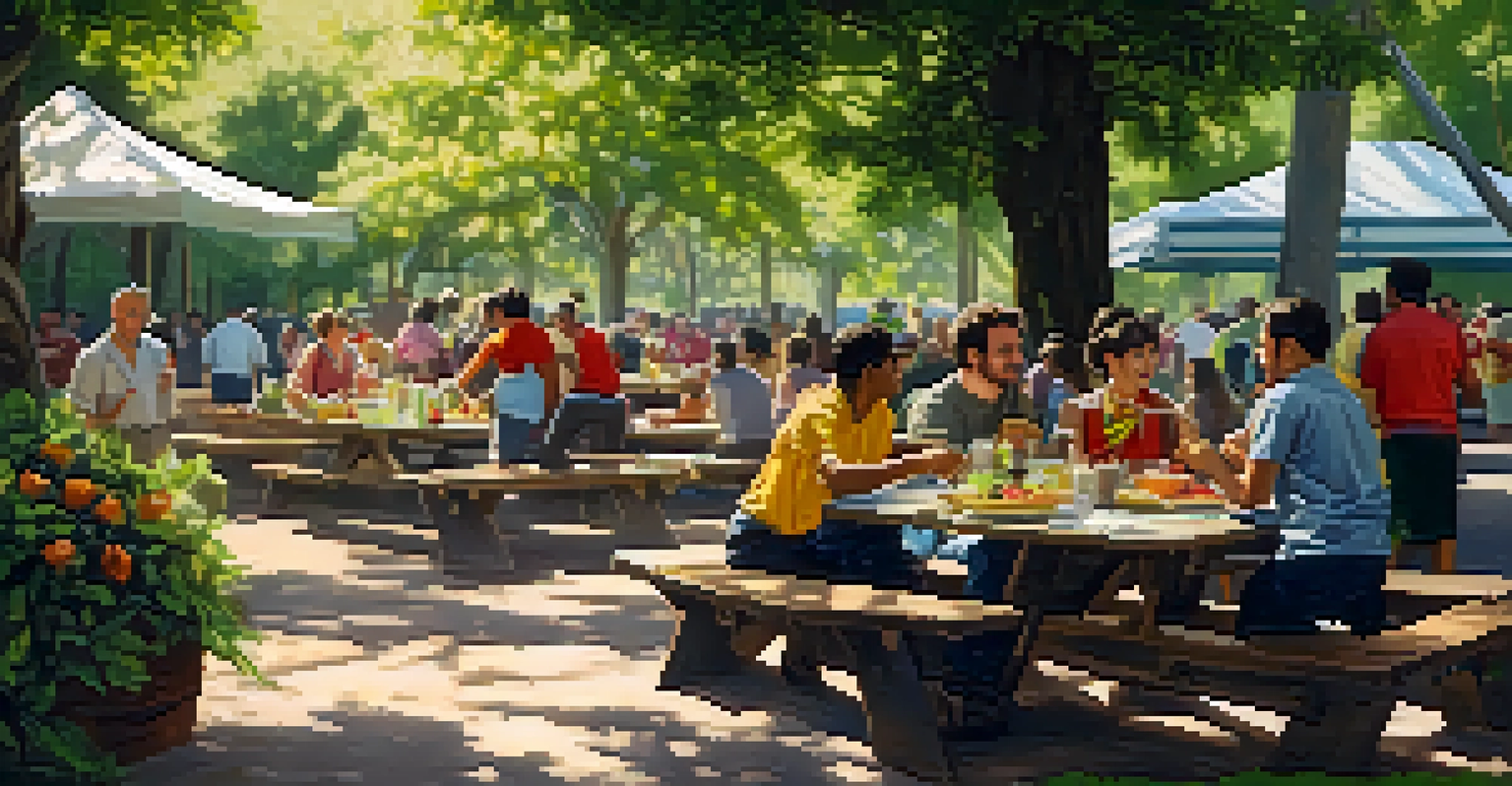 A group of volunteers enjoying a meal at a picnic table, surrounded by greenery and festival decorations.