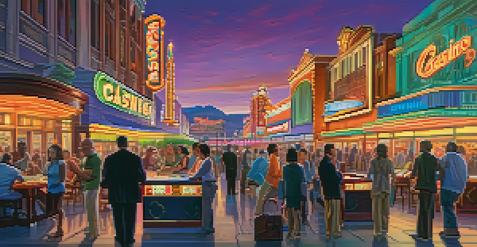 A lively casino scene in Reno at dusk with neon lights and diverse gamblers at table games.