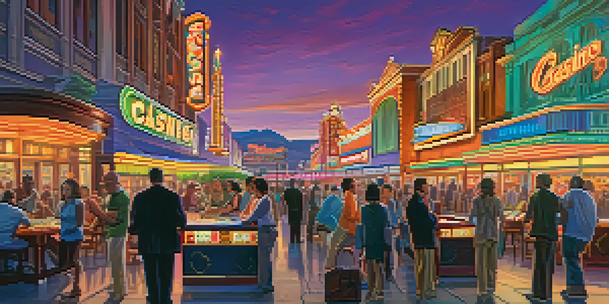 A lively casino scene in Reno at dusk with neon lights and diverse gamblers at table games.