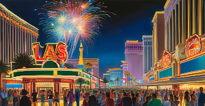 A vibrant night scene of the Las Vegas Strip, showcasing illuminated casinos and a crowd of tourists, with fireworks in the sky.