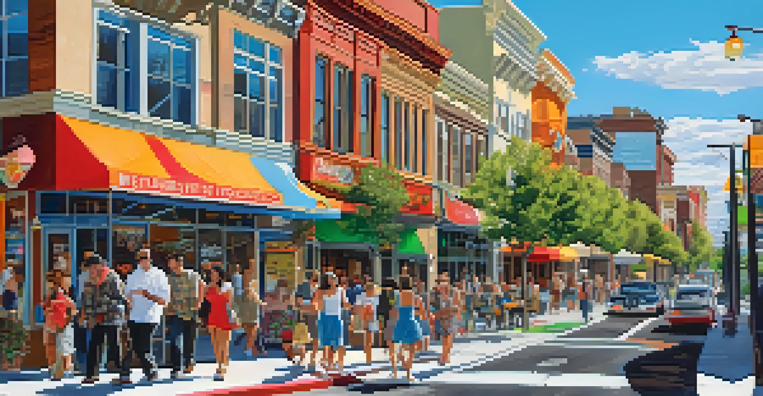 A lively Midtown neighborhood in Reno filled with shops, diverse people, and colorful street art under a clear sky.