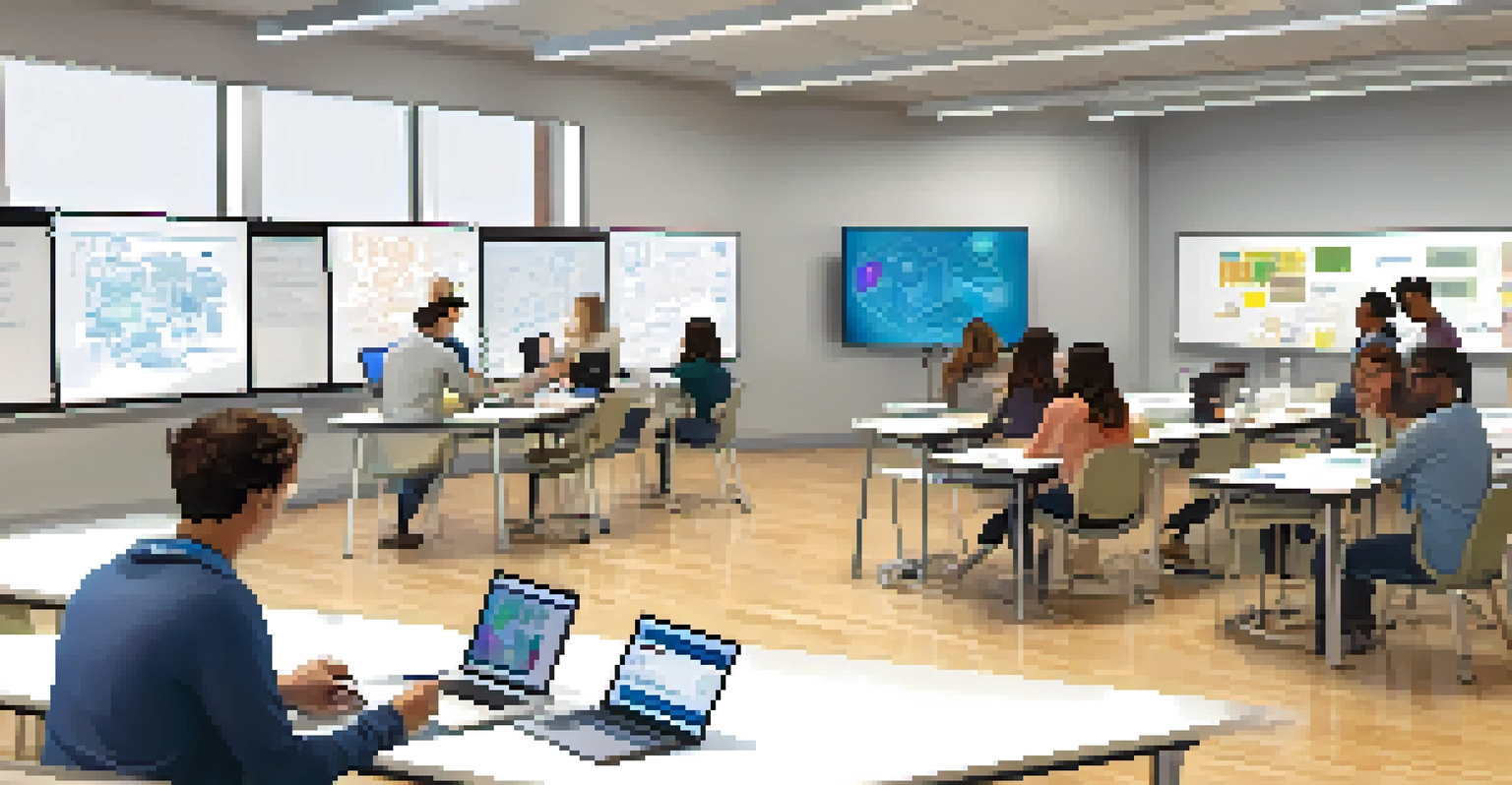 A diverse group of students collaborating in a bright classroom using technology and discussing ideas.