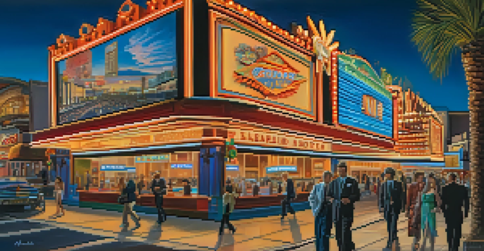 A bustling downtown Reno street at dusk, featuring illuminated casino signs and people walking.