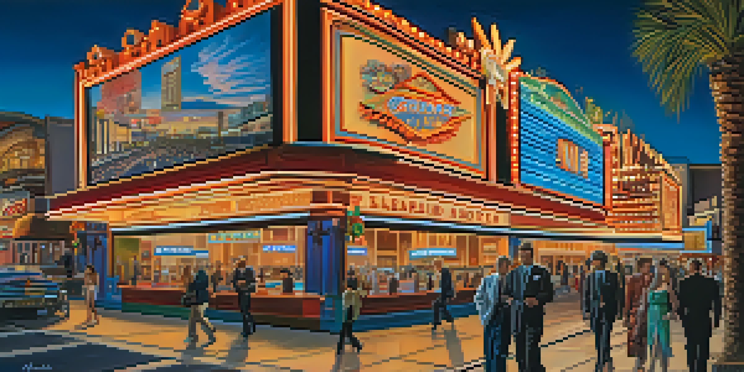 A bustling downtown Reno street at dusk, featuring illuminated casino signs and people walking.