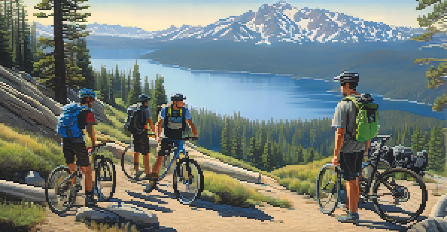 A group of mountain bikers planning their ride, with a beautiful lake and mountains in the background.