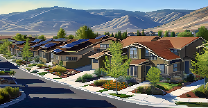A sustainable neighborhood in Reno with solar panels, green gardens, and mountains in the background, bathed in warm afternoon sunlight.