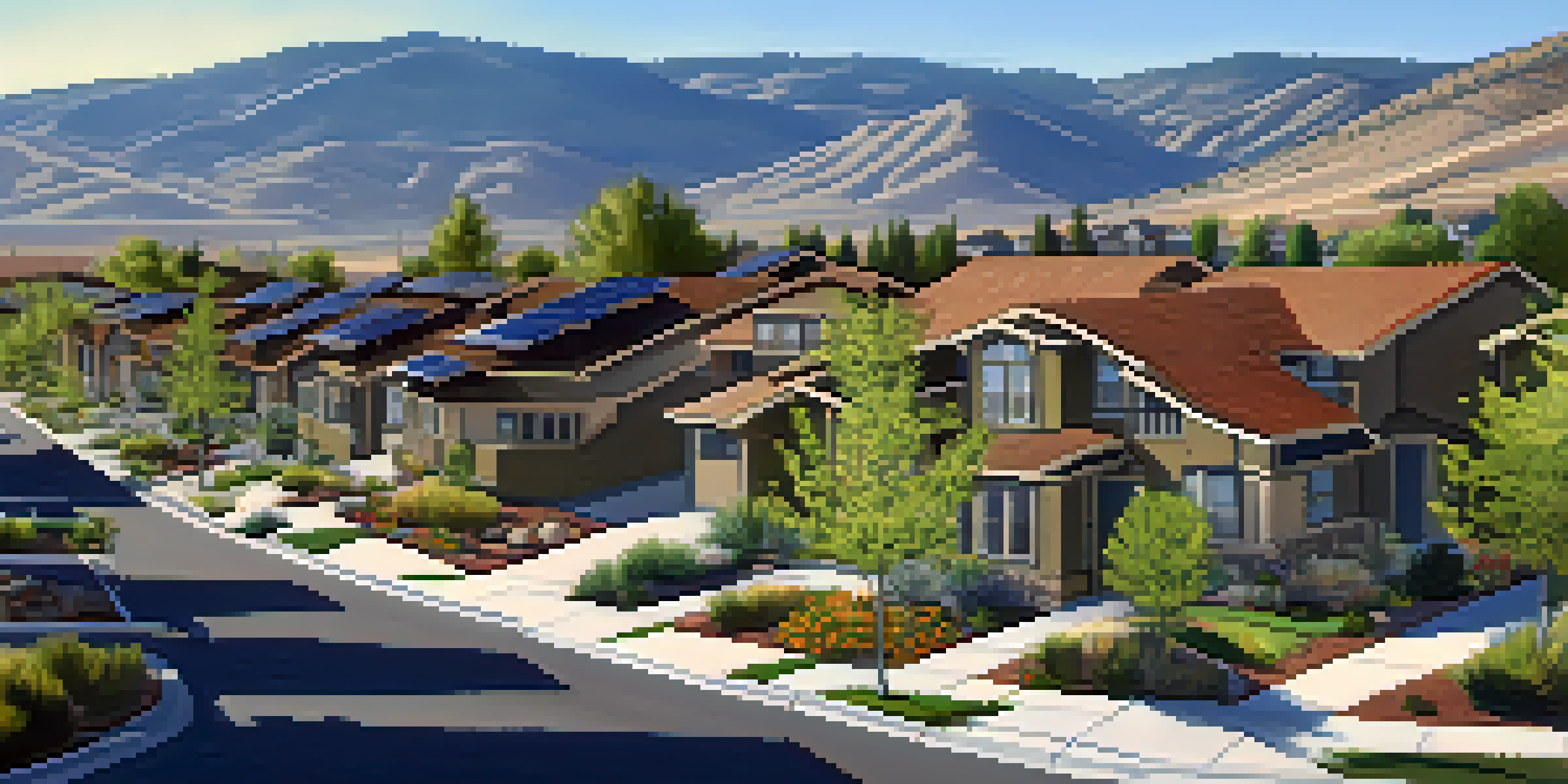 A sustainable neighborhood in Reno with solar panels, green gardens, and mountains in the background, bathed in warm afternoon sunlight.