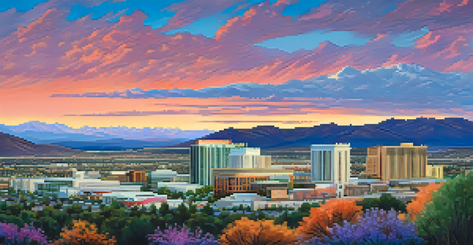 A panoramic view of Reno, Nevada, featuring modern buildings in the foreground and the Sierra Nevada mountains in the background during sunset.