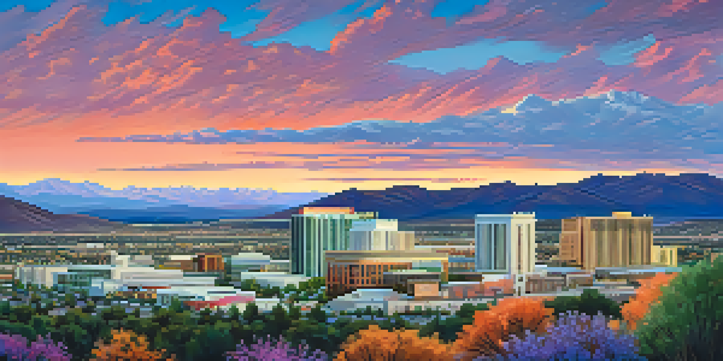 A panoramic view of Reno, Nevada, featuring modern buildings in the foreground and the Sierra Nevada mountains in the background during sunset.