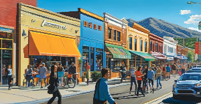 A lively street scene in Reno with modern tech companies and local businesses, people walking, and mountains in the background.