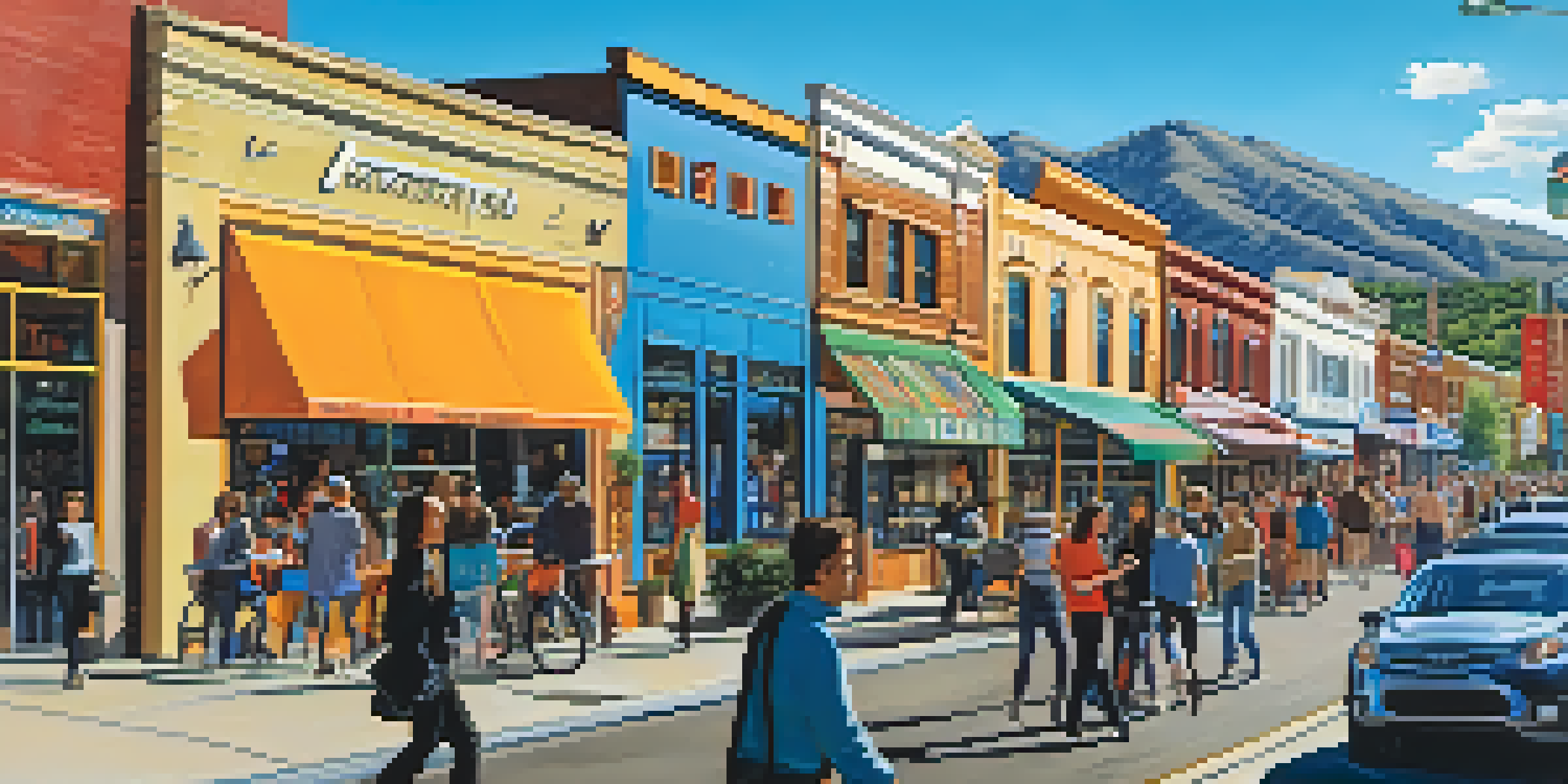 A lively street scene in Reno with modern tech companies and local businesses, people walking, and mountains in the background.