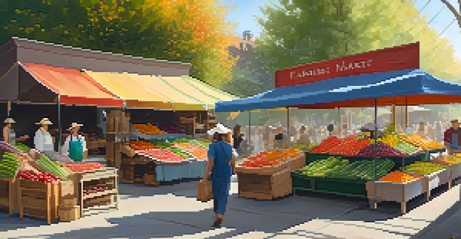 A bustling farmers' market with fresh produce and shoppers interacting with vendors.