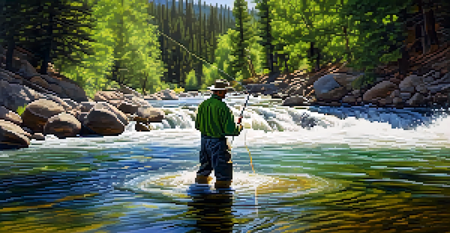 A fisherman casting a line into the Truckee River, surrounded by lush greenery and sunlight.