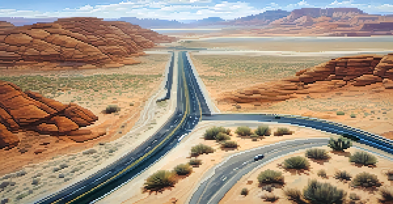 An aerial perspective of Highway 50 in a desert landscape with mountains in the background.