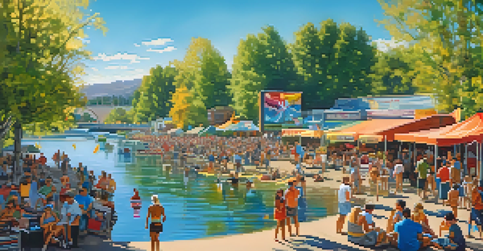 A lively summer festival by the Truckee River in Reno, with people enjoying activities, food stalls, and music under a blue sky.