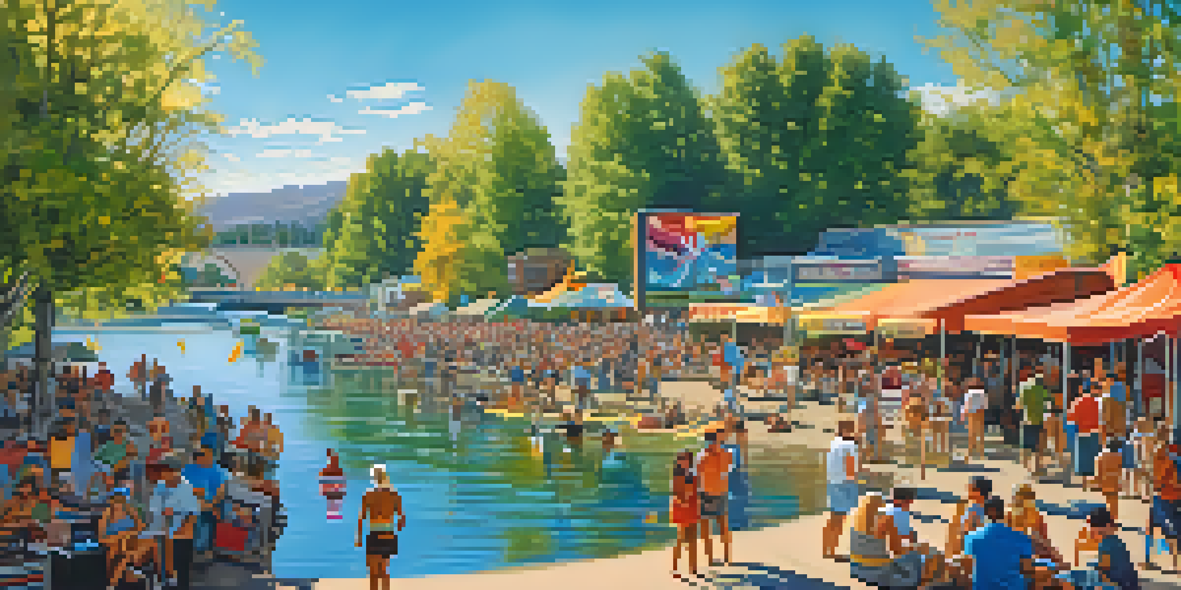 A lively summer festival by the Truckee River in Reno, with people enjoying activities, food stalls, and music under a blue sky.