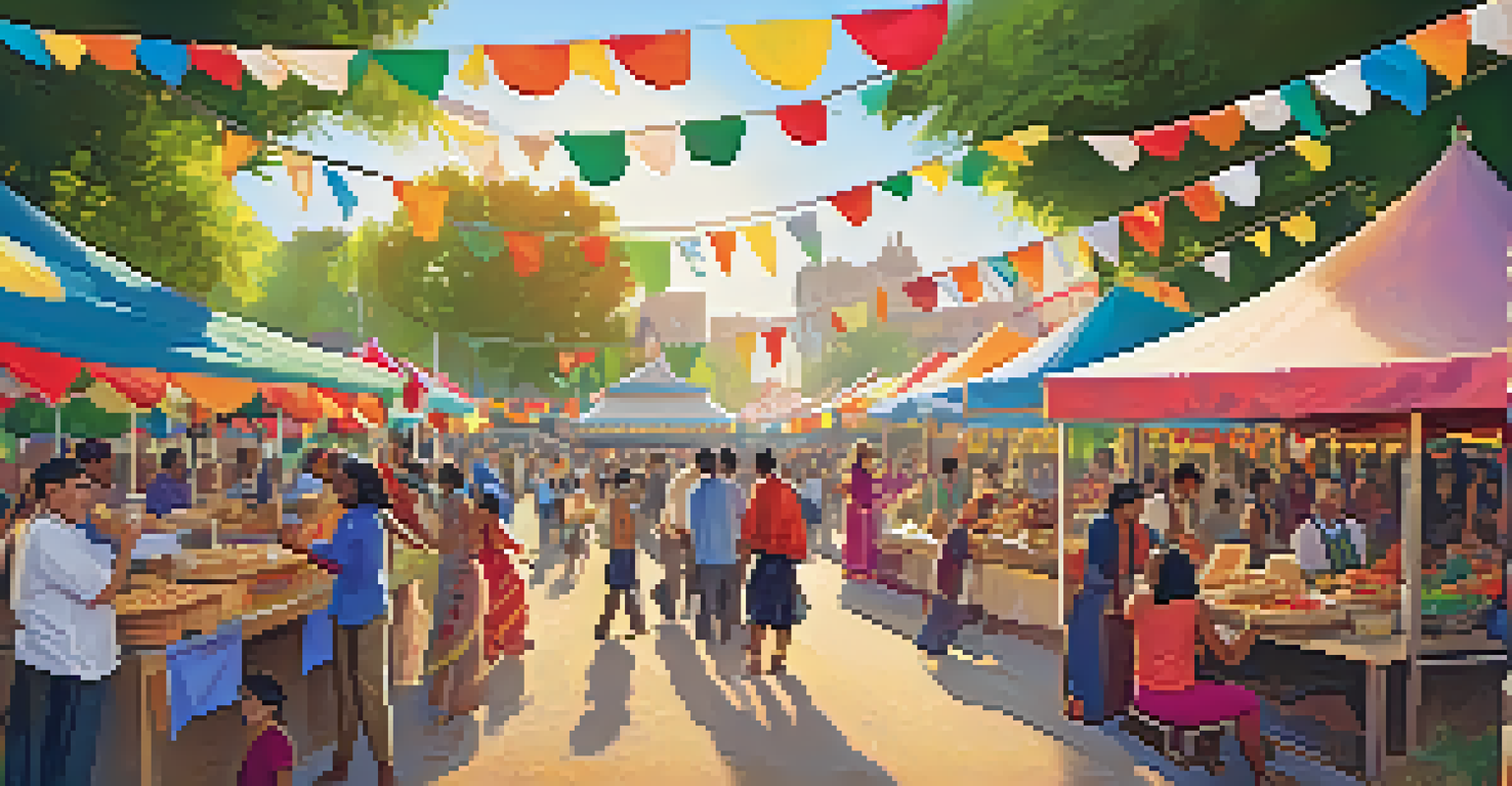 A bustling multicultural festival with food stalls, dance performances, and a diverse crowd enjoying the festivities in a sunny park.