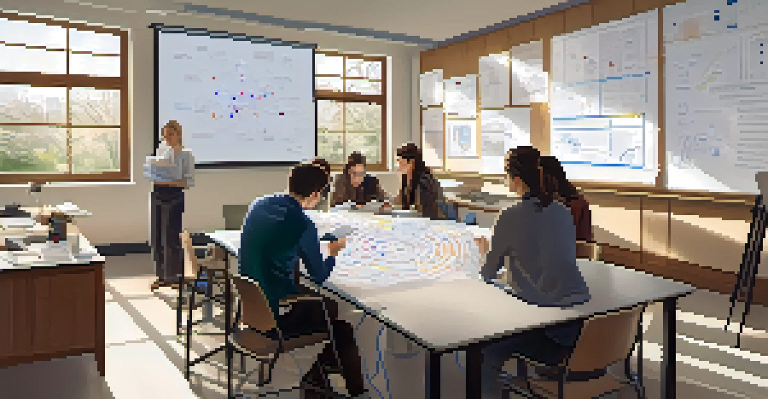 Students and faculty collaborating on a research project at a table with materials and technology, in a well-lit room with diagrams on the whiteboard.