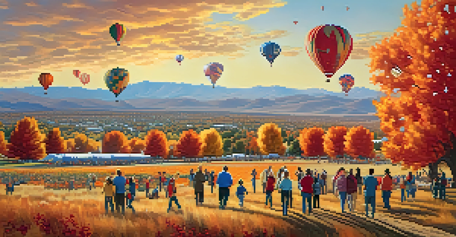 An autumn landscape in Reno with colorful trees and families in a pumpkin patch, with hot air balloons in the background.