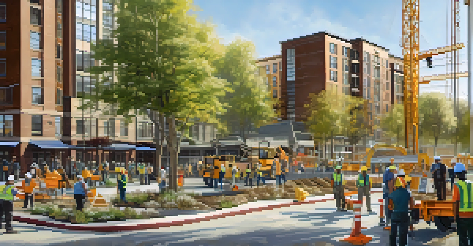 Construction workers collaborating on a development project in Reno, with a community park in the background.
