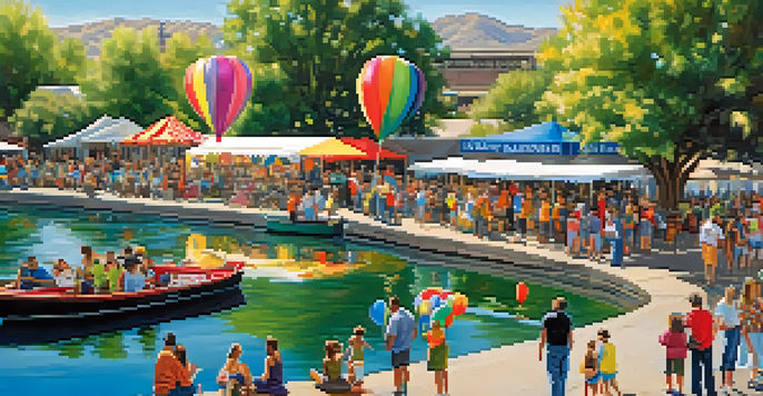 A lively outdoor festival along the Reno River featuring artists and food vendors with people enjoying the sunny day.