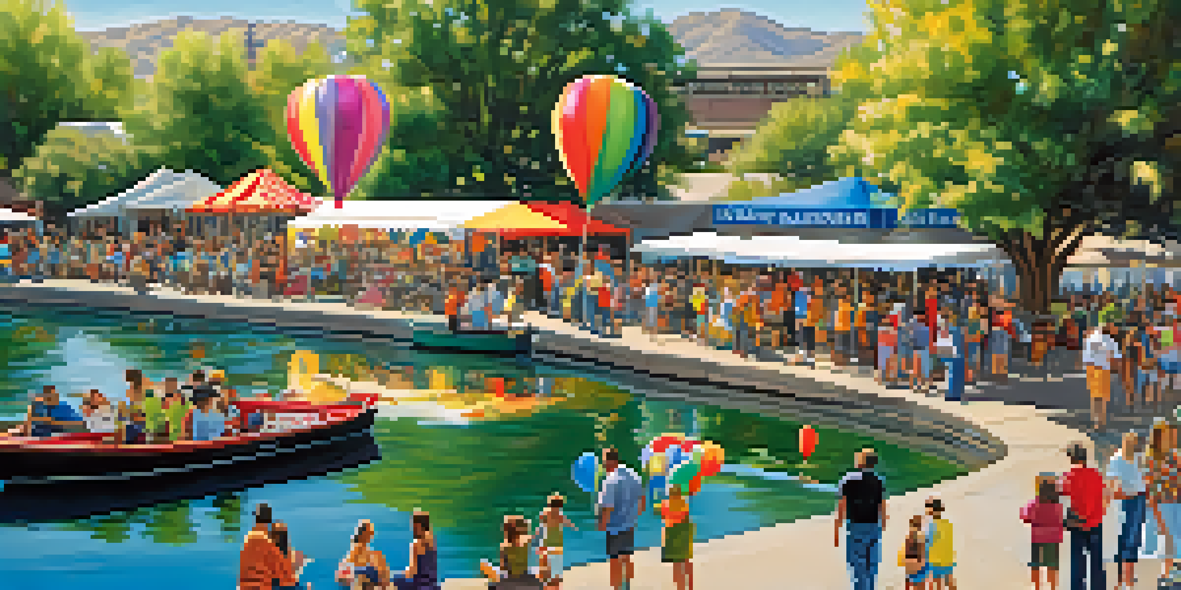 A lively outdoor festival along the Reno River featuring artists and food vendors with people enjoying the sunny day.