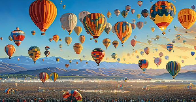 A scene of colorful hot air balloons taking off in the early morning sky with mountains in the background and spectators watching in awe.