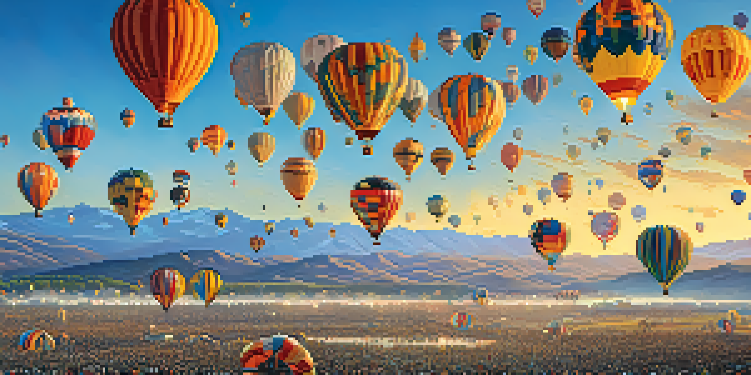 A scene of colorful hot air balloons taking off in the early morning sky with mountains in the background and spectators watching in awe.