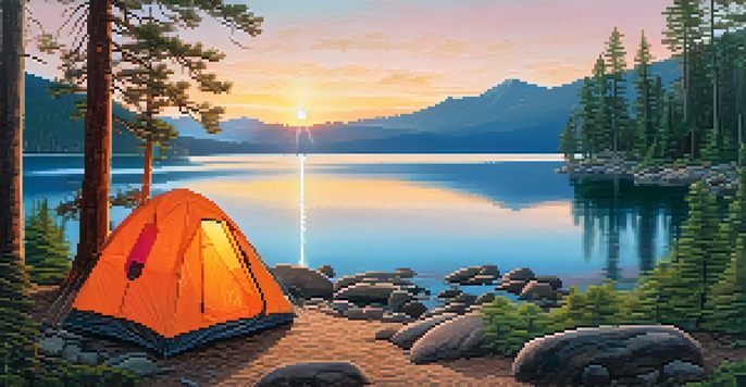 A peaceful campsite by Lake Tahoe at sunrise, with a tent and reflecting waters.