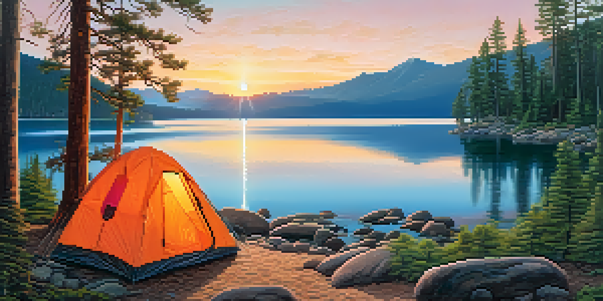 A peaceful campsite by Lake Tahoe at sunrise, with a tent and reflecting waters.