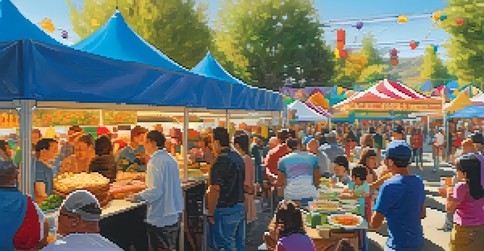 A lively food festival in Reno with diverse food booths and people enjoying meals together under festive decorations.