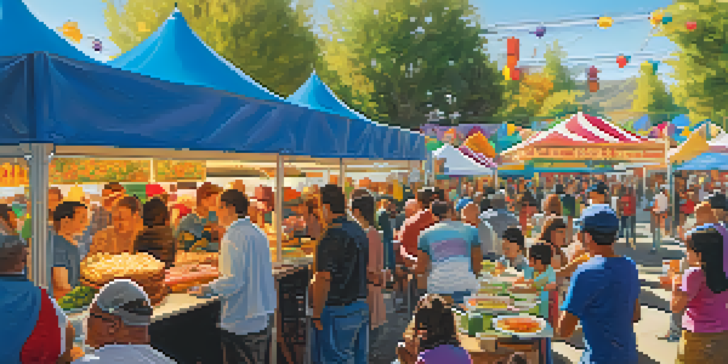 A lively food festival in Reno with diverse food booths and people enjoying meals together under festive decorations.