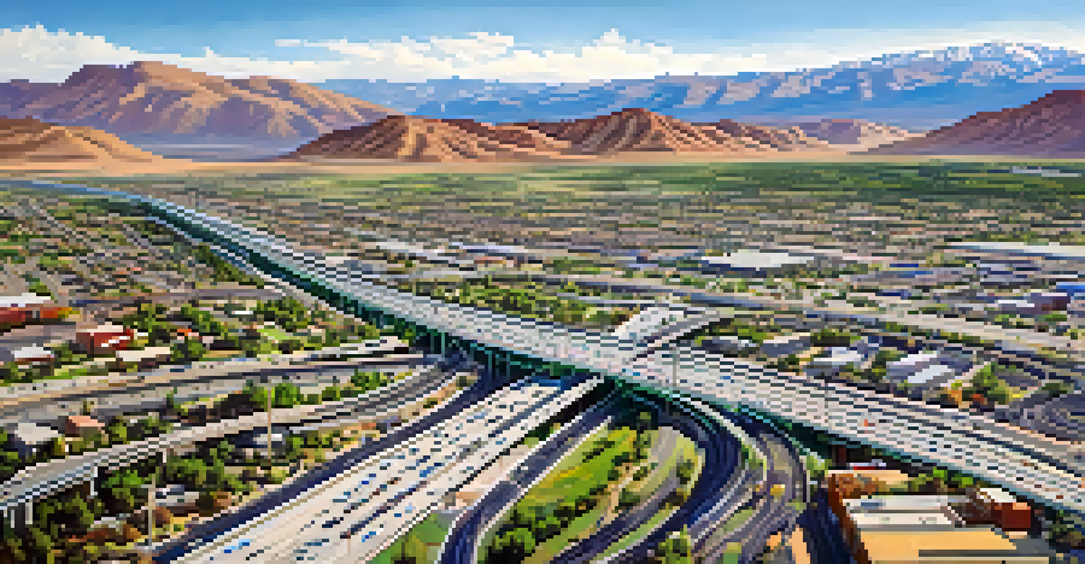 Aerial view of Reno's highway system with cars moving and mountains in the background.